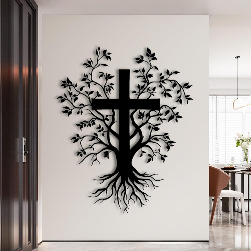 ArcDew Jesus Cross with Tree – Christmas Gift & Christian Wall Decal UAE - arcdew.com - Black acrylic ArcDew wall decal featuring a Jesus cross with tree branches and roots design.