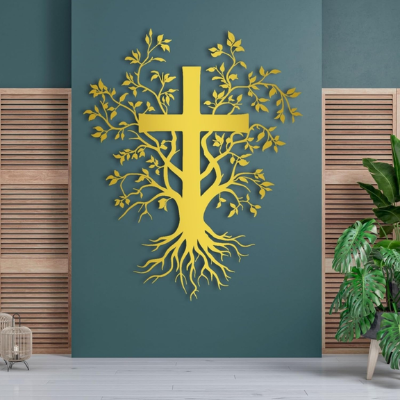 ArcDew Jesus Cross with Tree – Christmas Gift & Christian Wall Decal UAE - arcdew.com - Gold acrylic ArcDew Jesus cross with tree and roots wall decal on teal wall.