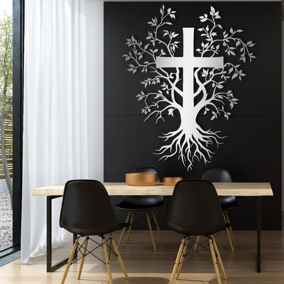 ArcDew Jesus Cross with Tree – Christmas Gift & Christian Wall Decal UAE - arcdew.com - Silver ArcDew acrylic Jesus cross with tree and roots wall decal on black background.
