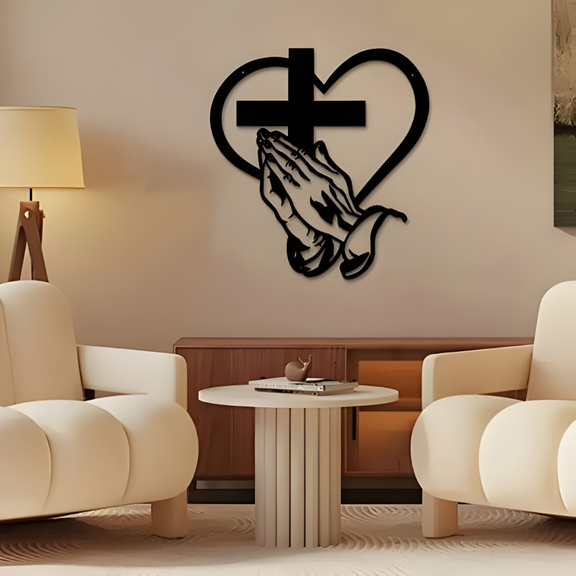 ArcDew Jesus Hand with Cross & Hearts – Christian Home Wall Decal UAE - arcdew.com - Black acrylic ArcDew branded wall decal of praying hands, cross, and heart in living room.
