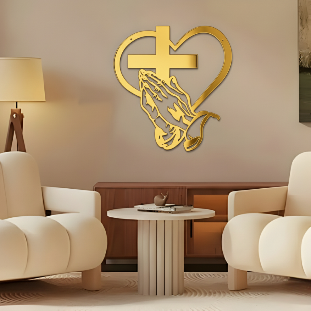 ArcDew Jesus Hand with Cross & Hearts – Christian Home Wall Decal UAE - arcdew.com - Gold acrylic ArcDew Jesus hand with cross and heart wall decal in living room.