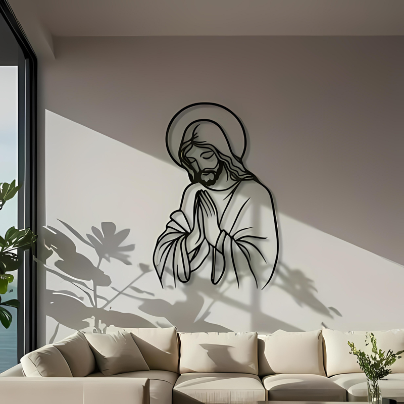 ArcDew – Jesus Wall Art | Christian Home Decor UAE - arcdew.com - ArcDew branded black acrylic Jesus wall art with praying hands, modern Christian home decor.
