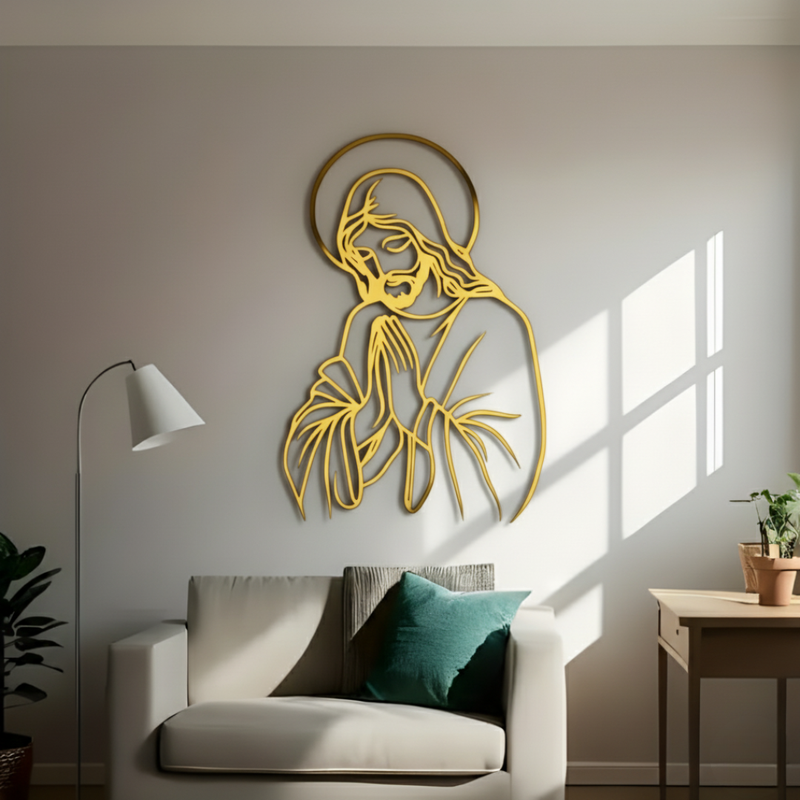 ArcDew – Jesus Wall Art | Christian Home Decor UAE - arcdew.com - ArcDew branded special gold acrylic Jesus wall art in minimalist modern living room setting.
