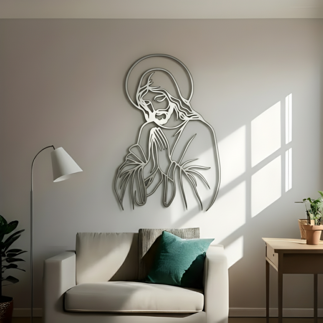 ArcDew – Jesus Wall Art | Christian Home Decor UAE - arcdew.com - ArcDew branded special acrylic Jesus wall art in silver above sofa with green cushion.