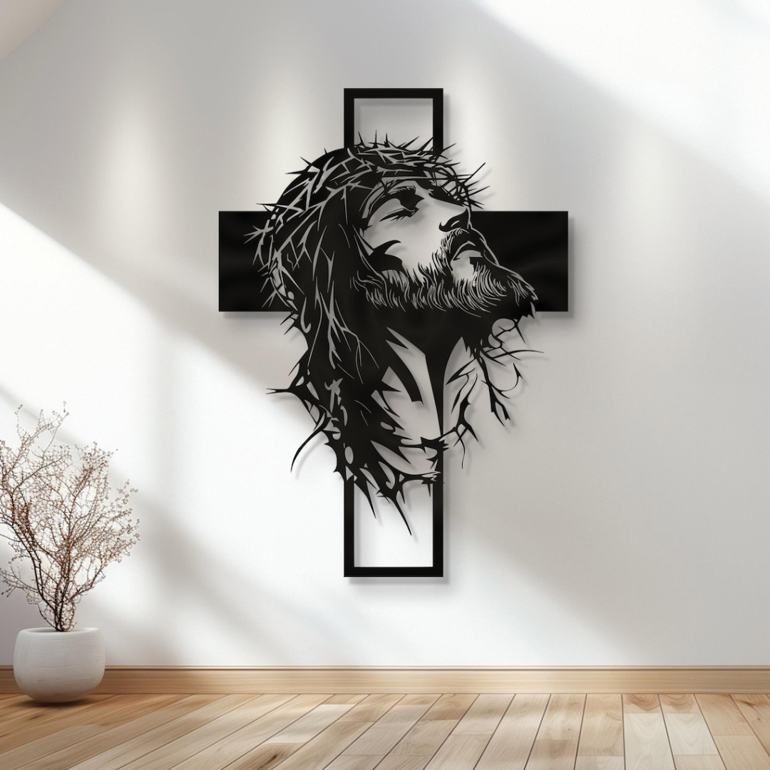 ArcDew Jesus with Cross – Christmas Wall Decor UAE - arcdew.com - ArcDew black acrylic Jesus with crown of thorns on cross wall decor, branded special edition.