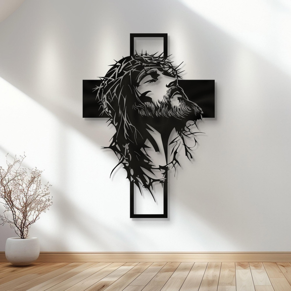 ArcDew Jesus with Cross – Christmas Wall Decor UAE - arcdew.com - ArcDew black acrylic Jesus with crown of thorns on cross wall decor, branded special edition.