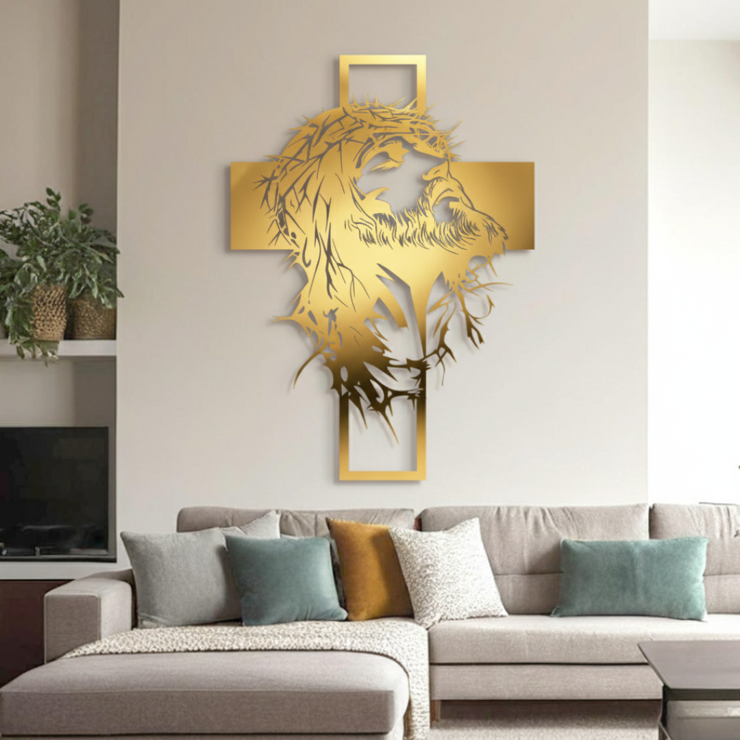 ArcDew Jesus with Cross – Christmas Wall Decor UAE - arcdew.com - Gold acrylic ArcDew Jesus with cross wall decor in modern living room.