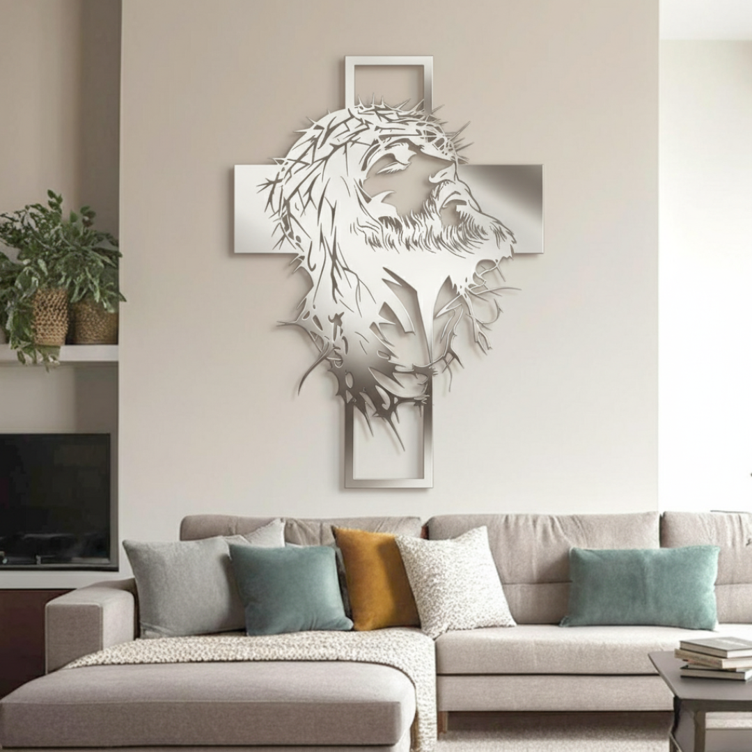 ArcDew Jesus with Cross – Christmas Wall Decor UAE - arcdew.com - ArcDew branded acrylic Jesus with crown of thorns on silver cross wall decor.