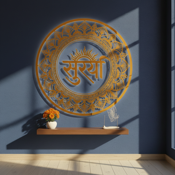 ArcDew Lord Surya Calligraphy Acrylic Wall Art - Sun God of Energy gold.