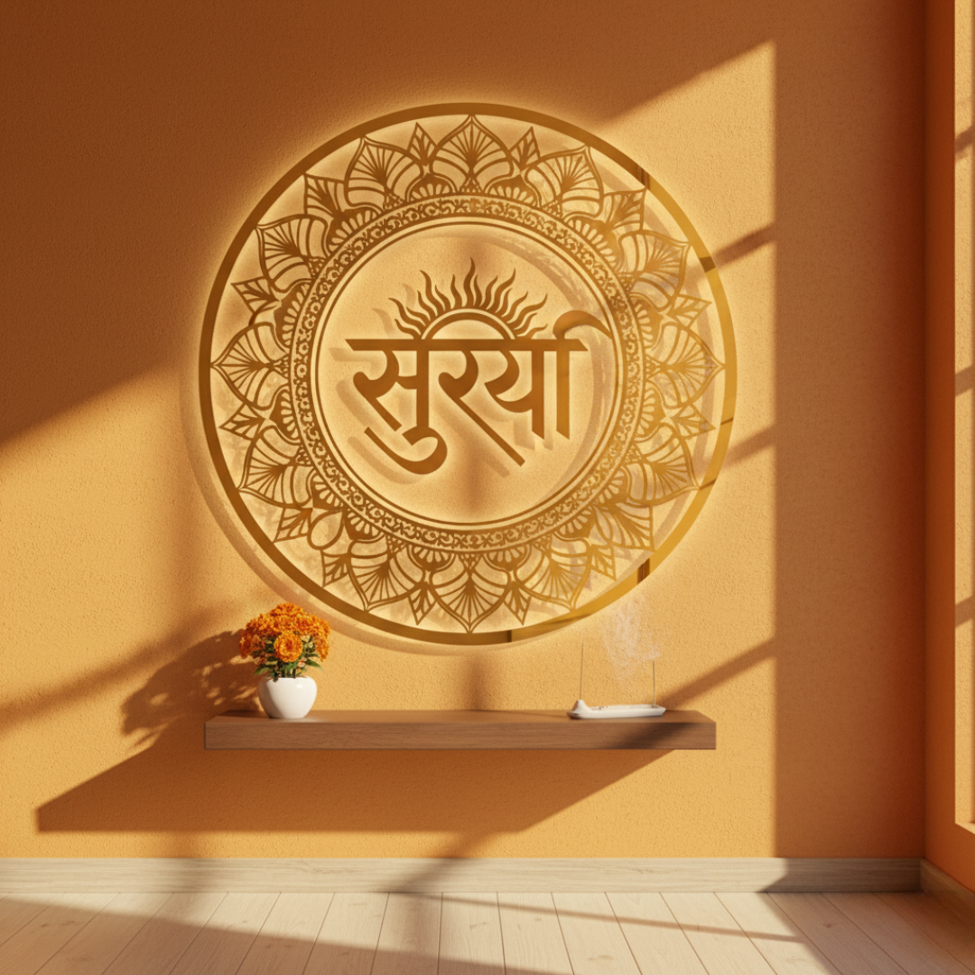 ArcDew Lord Surya Calligraphy Acrylic Wall Art - Sun God of Energy gold