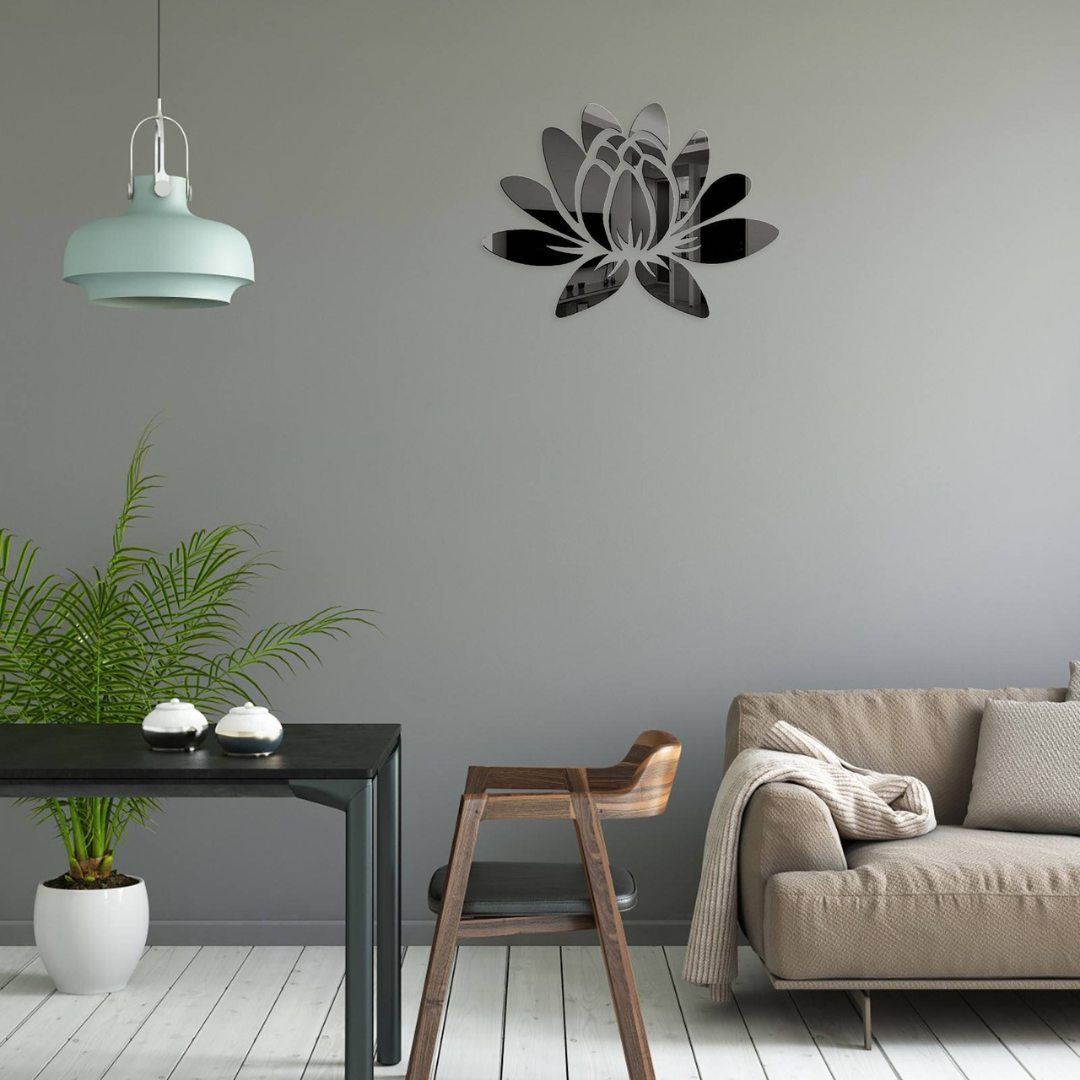 ArcDew Lotus Flower Acrylic Mirror Decal Modern Home Decor UAE - arcdew.com - ArcDew special branded acrylic lotus flower mirror decal in black on gray wall.
