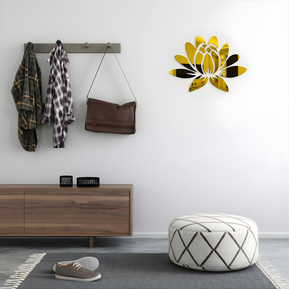 ArcDew Lotus Flower Acrylic Mirror Decal Modern Home Decor UAE - arcdew.com - ArcDew special branded acrylic lotus flower mirror decal in gold on white wall.