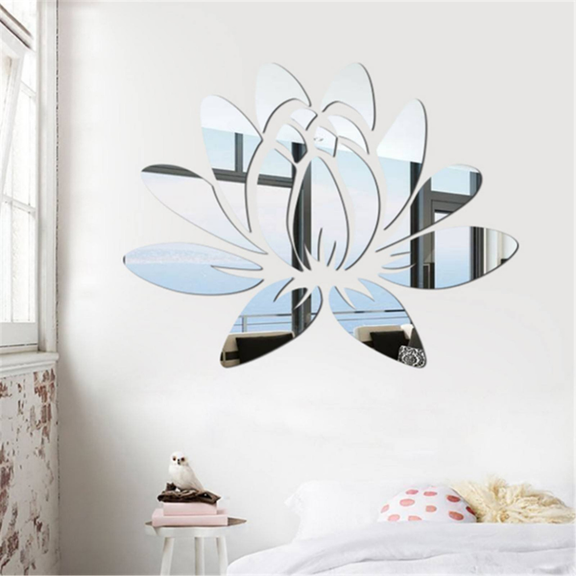 ArcDew Lotus Flower Acrylic Mirror Decal Modern Home Decor UAE - arcdew.com - ArcDew branded silver acrylic mirror decal shaped like a modern lotus flower wall decor.
