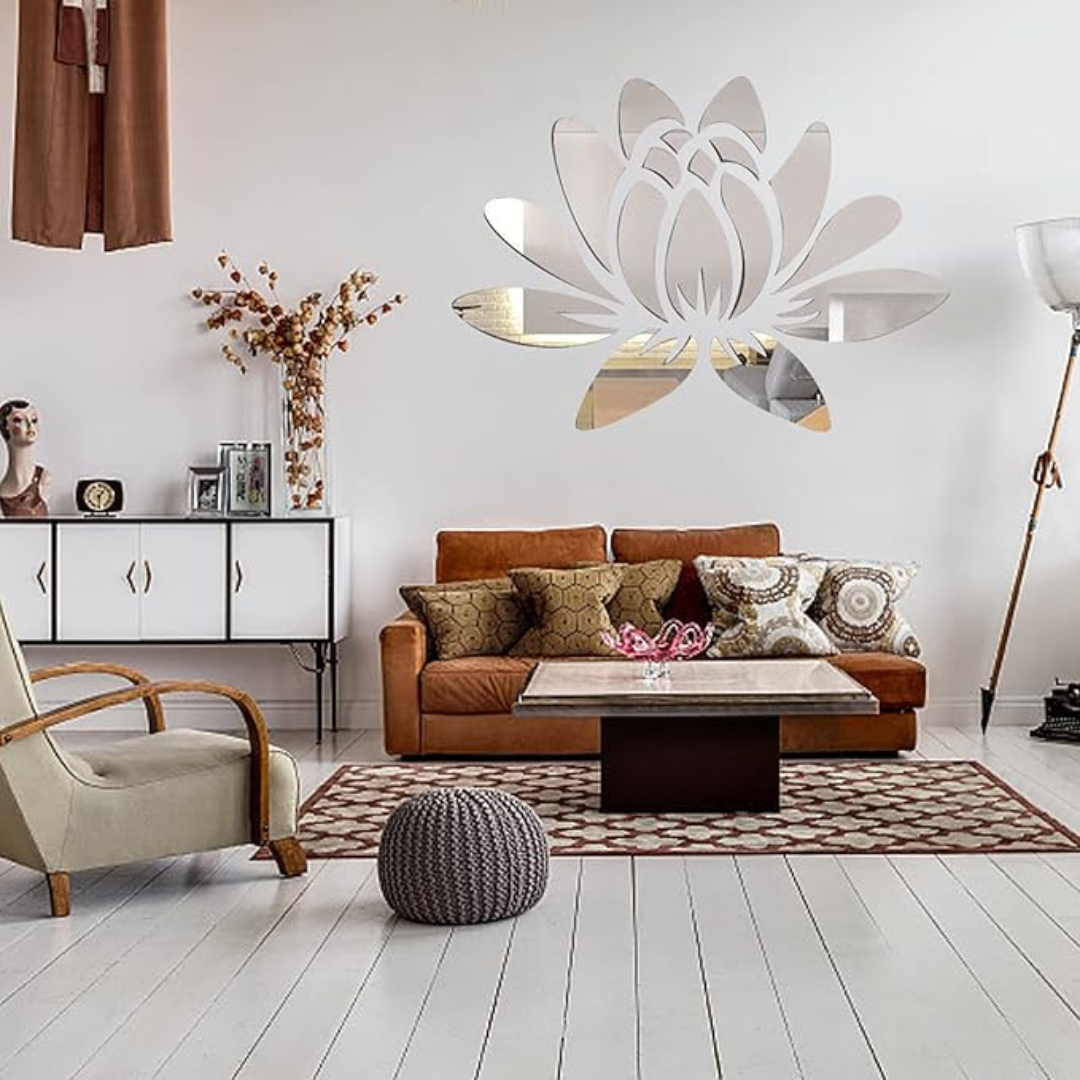 ArcDew Lotus Flower Acrylic Mirror Decal Modern Home Decor UAE - arcdew.com - ArcDew special branded acrylic lotus flower mirror decal in silver on white wall.