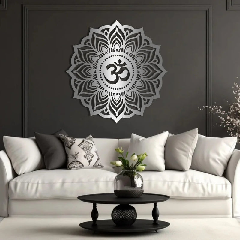 Lotus Mandala Om Acrylic Wall Art Silver 1