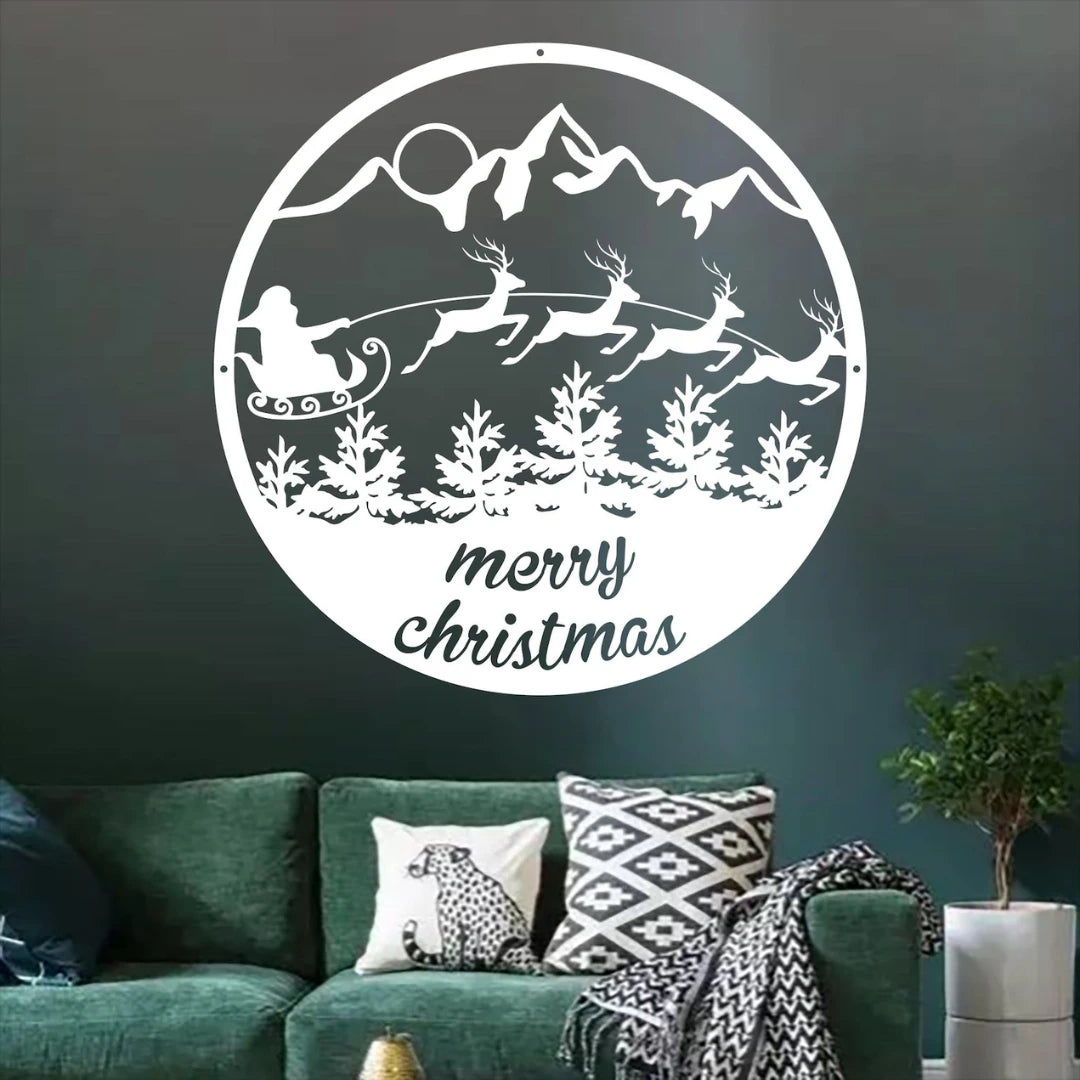 ArcDew "Merry Christmas" Santa's Sleigh & Mountains Circular Acrylic Wall Art | Festive Holiday Scene...