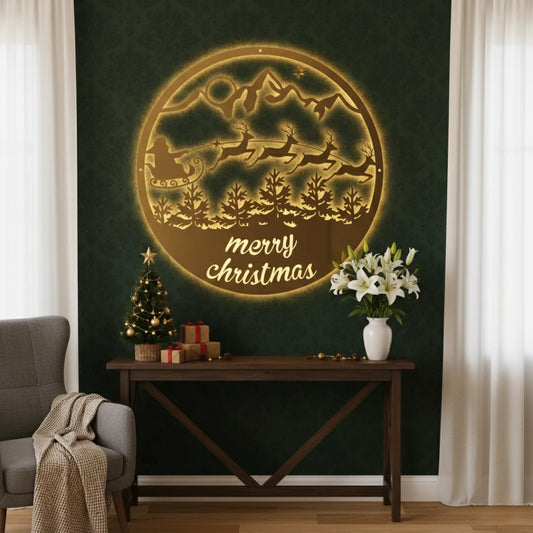 ArcDew "Merry Christmas" Santa's Sleigh & Mountains Circular Acrylic Wall Art | Festive Holiday Scene..