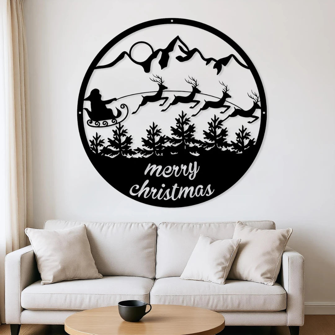 ArcDew "Merry Christmas" Santa's Sleigh & Mountains Circular Acrylic Wall Art | Festive Holiday Scene.