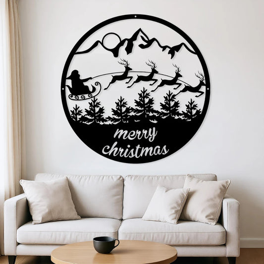 ArcDew "Merry Christmas" Santa's Sleigh & Mountains Circular Acrylic Wall Art | Festive Holiday Scene.