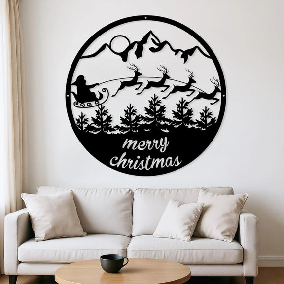 ArcDew "Merry Christmas" Santa's Sleigh & Mountains Circular Acrylic Wall Art | Festive Holiday Scene.