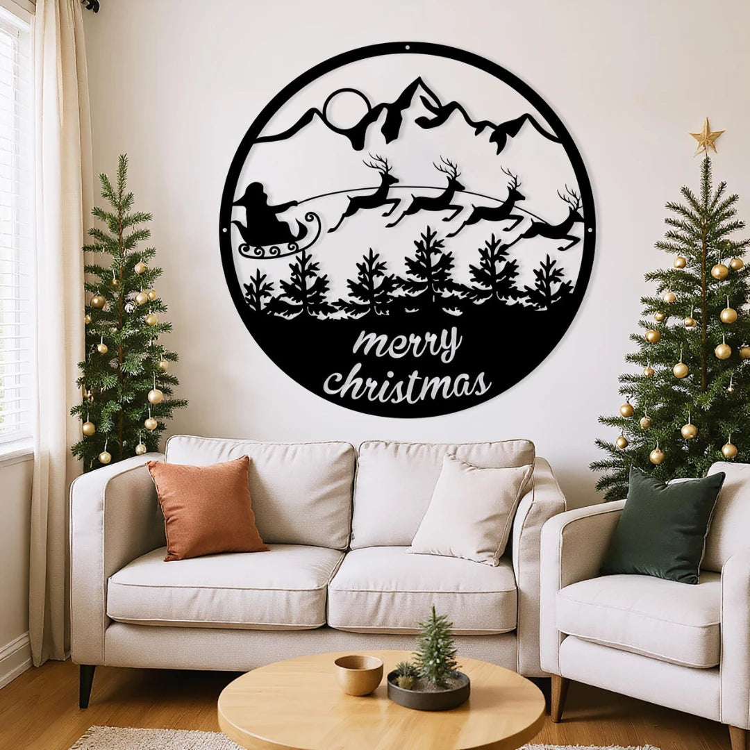 ArcDew "Merry Christmas" Santa's Sleigh & Mountains Circular Acrylic Wall Art | Festive Holiday Scene