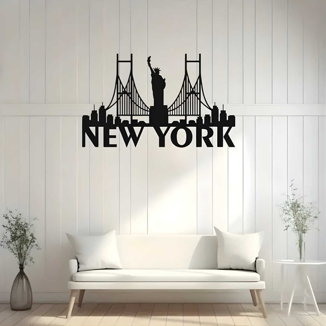 ArcDew New York Bridge Skyline Decal USA City Acrylic Art - arcdew.com - Black ArcDew branded acrylic decal featuring New York skyline and Statue of Liberty above sofa.