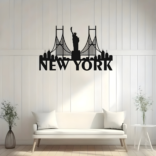 ArcDew New York Bridge Skyline Decal USA City Acrylic Art - arcdew.com - Black ArcDew branded acrylic decal featuring New York skyline and Statue of Liberty above sofa.