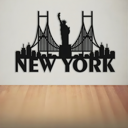 ArcDew New York Bridge Skyline Decal USA City Acrylic Art - arcdew.com - Black acrylic ArcDew branded New York skyline wall decal with Statue of Liberty and bridge design.