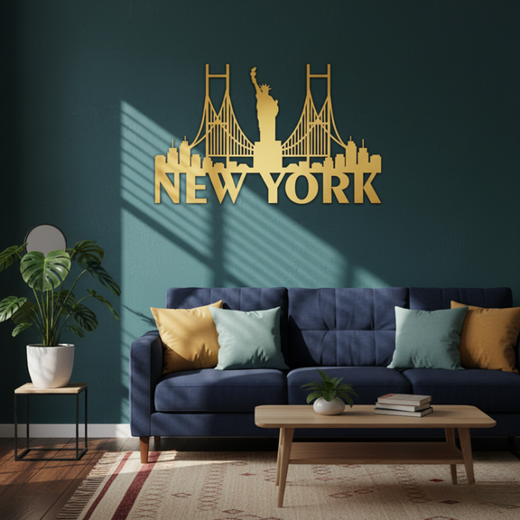 ArcDew New York Bridge Skyline Decal USA City Acrylic Art - arcdew.com - Gold acrylic ArcDew branded New York skyline wall decal above sofa.