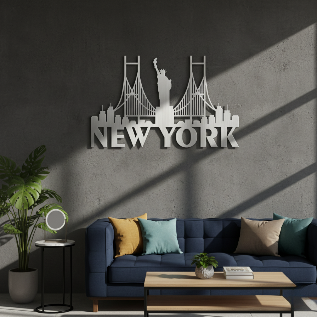ArcDew New York Bridge Skyline Decal USA City Acrylic Art - arcdew.com - ArcDew branded silver acrylic New York skyline wall decal with Statue of Liberty and bridge design.