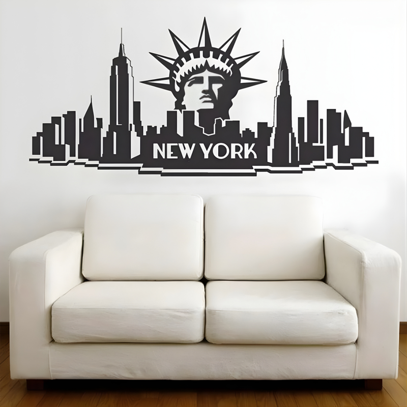 ArcDew New York City Skyline Decal Iconic USA Art - arcdew.com - Black acrylic ArcDew branded special wall decal featuring New York City skyline and Statue of Liberty above white sofa.
