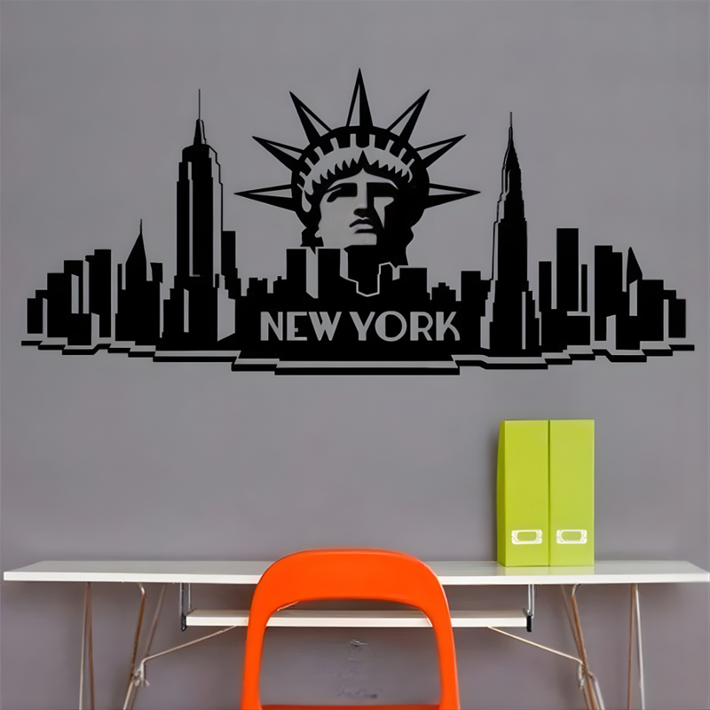 ArcDew New York City Skyline Decal Iconic USA Art - arcdew.com - Black acrylic ArcDew branded New York City skyline decal with Statue of Liberty detail.