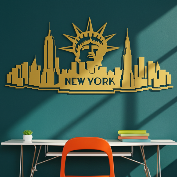 ArcDew New York City Skyline Decal Iconic USA Art - arcdew.com - Gold acrylic ArcDew New York City skyline wall decal with branded special design.