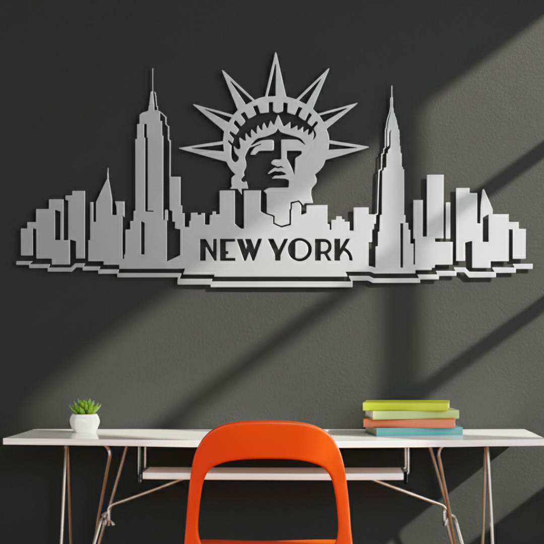 ArcDew New York City Skyline Decal Iconic USA Art - arcdew.com - ArcDew special branded acrylic New York City skyline decal in silver on dark wall.