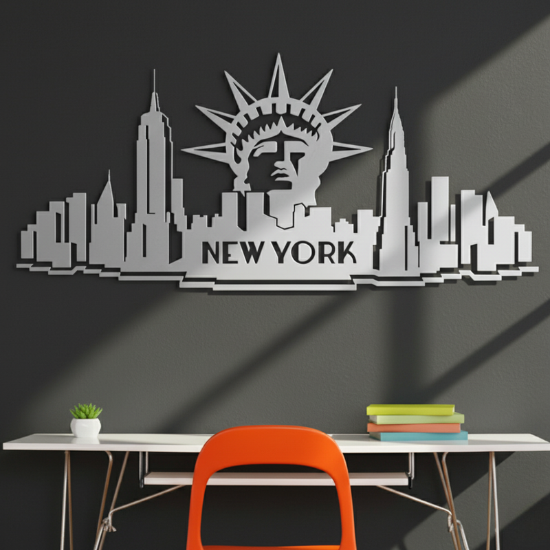 ArcDew New York City Skyline Decal Iconic USA Art - arcdew.com - ArcDew special branded acrylic New York City skyline decal in silver on dark wall.