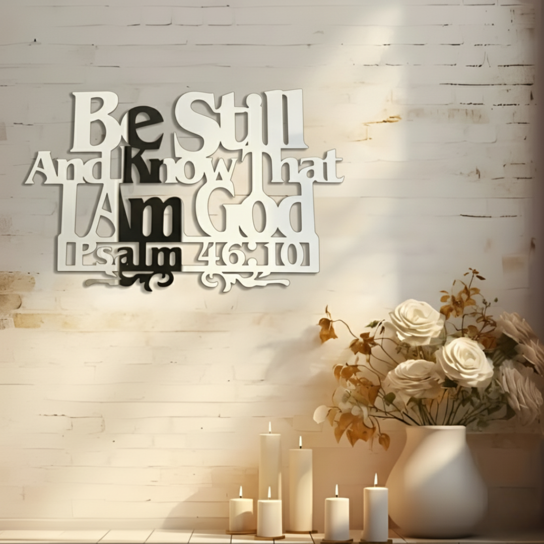 ArcDew Psalm 46:10 Wall Art – Be Still and Know That I Am God | Christmas Gift UAE - arcdew.com - 10 quote in white on brick wall background.