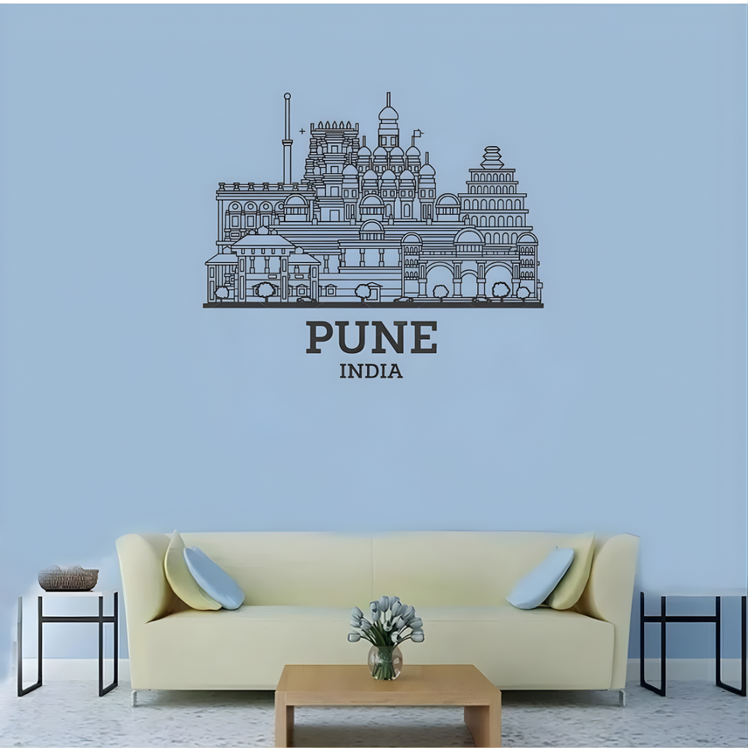 ArcDew: Pune, India City Skyline Wall Art for UAE Homes - arcdew.com - ArcDew special branded acrylic Pune India skyline wall art in black above beige sofa.