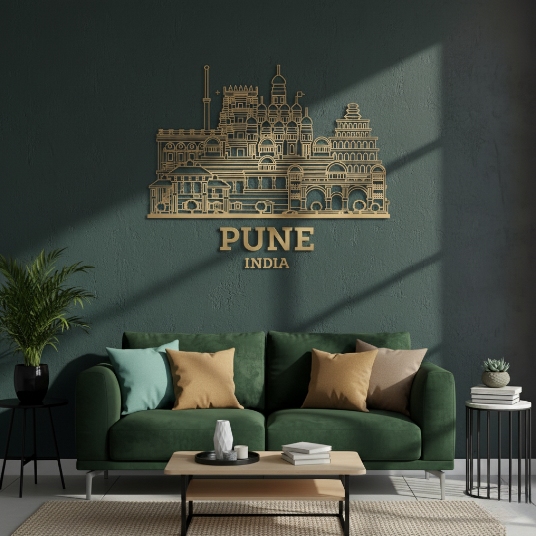 ArcDew: Pune, India City Skyline Wall Art for UAE Homes - arcdew.com - ArcDew special branded acrylic Pune India city skyline wall art in gold above green sofa.