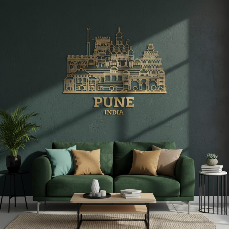 ArcDew: Pune, India City Skyline Wall Art for UAE Homes - arcdew.com - ArcDew special branded acrylic Pune India city skyline wall art in gold above green sofa.