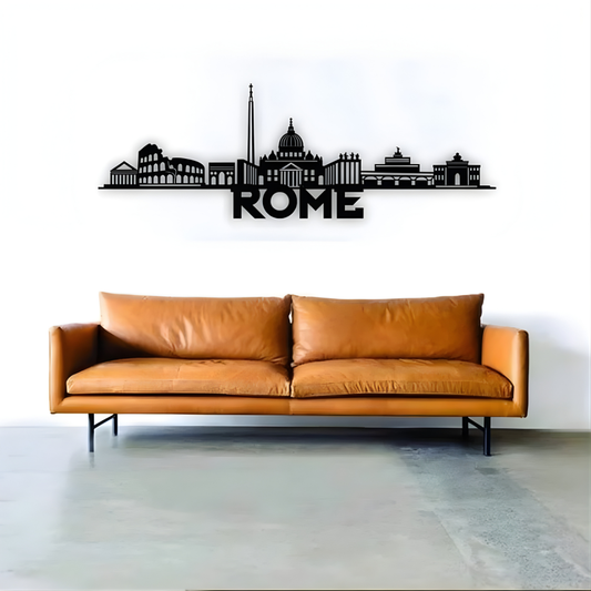 ArcDew Rome Italy Skyline Decal Minimalist Travel Art - arcdew.com - ArcDew branded black acrylic Rome skyline decal with minimalist design above brown leather sofa.