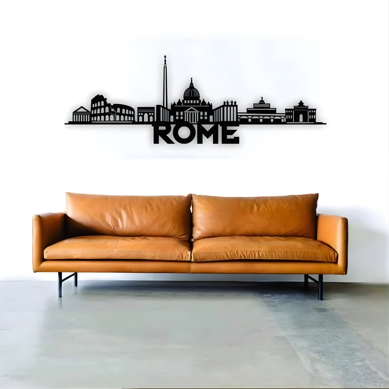 ArcDew Rome Italy Skyline Decal Minimalist Travel Art - arcdew.com - ArcDew branded black acrylic Rome skyline decal with minimalist design above brown leather sofa.