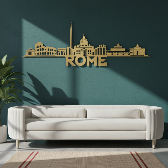 ArcDew Rome Italy Skyline Decal Minimalist Travel Art - arcdew.com - Gold acrylic ArcDew Rome skyline wall decal with minimalist design above white sofa.
