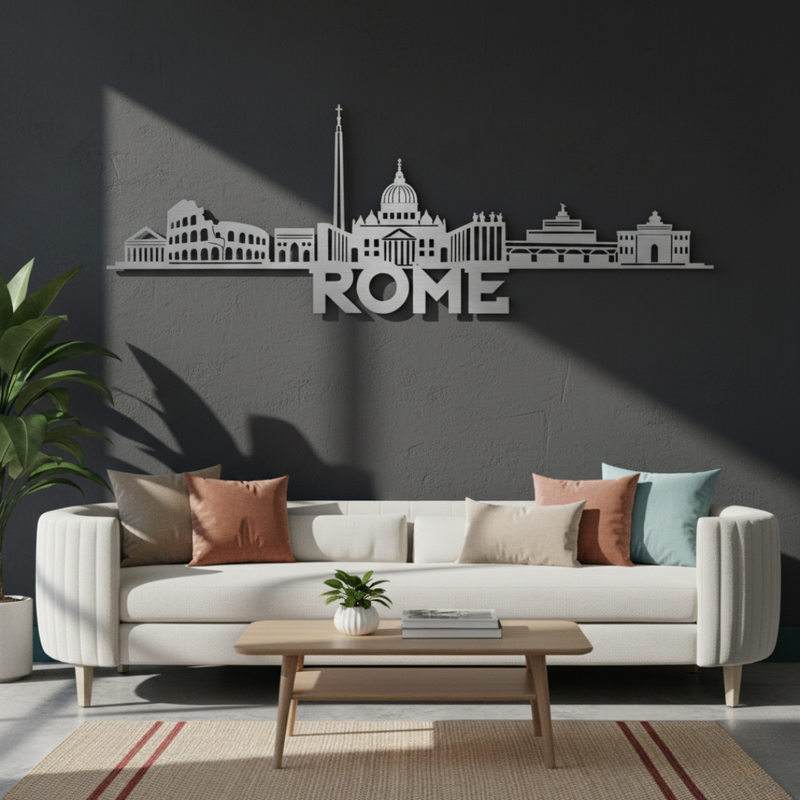 ArcDew Rome Italy Skyline Decal Minimalist Travel Art - arcdew.com - ArcDew special branded acrylic Rome Italy skyline decal in silver above white sofa in modern living room.