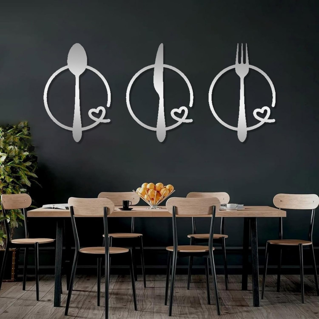 ArcDew Spoon Knife Fork Heart Acrylic Wall Decal - Beautiful Gifting Decor for UAE Homes & Restaurants silver.