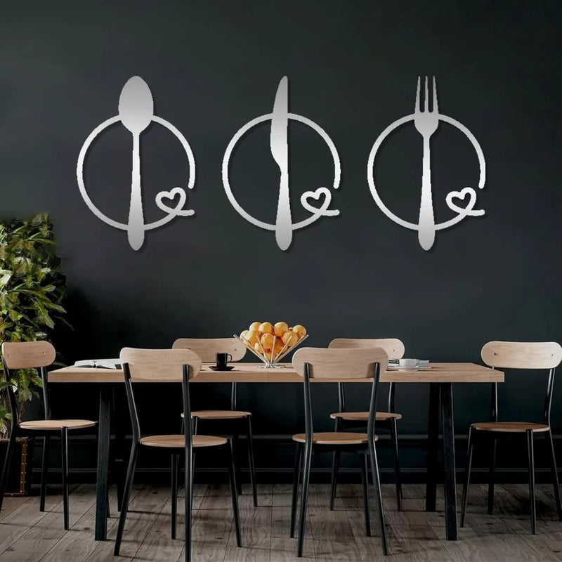 Spoon Knife Fork Heart Acrylic Wall Decal Silver