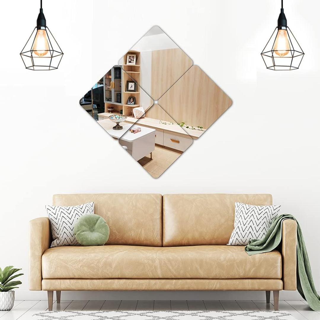 ArcDew Square Shape Acrylic Mirror Wall Decals Modern Home Decor UAE - arcdew.com - ArcDew special branded acrylic square mirror wall decals arranged diamond-shaped above beige leather sofa.