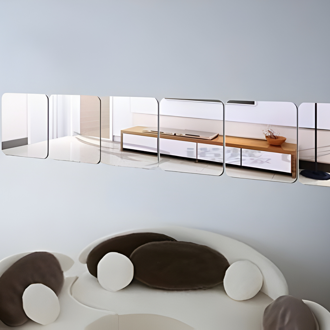 ArcDew Square Shape Acrylic Mirror Wall Decals Modern Home Decor UAE - arcdew.com - ArcDew branded square acrylic mirror wall decals with rounded corners in modern room setting.
