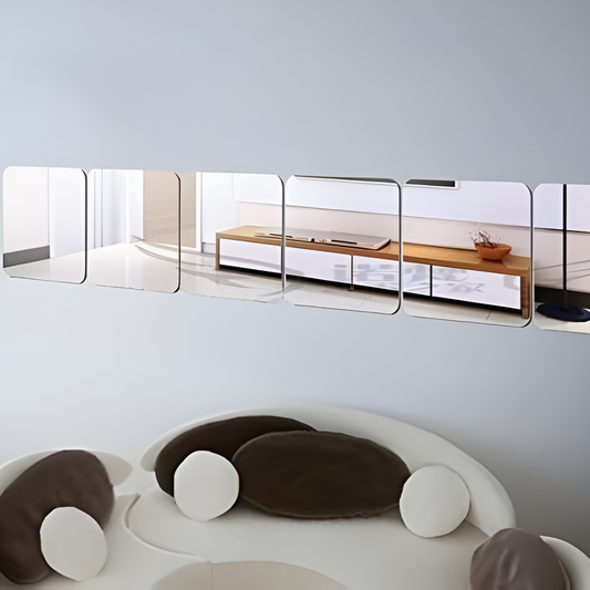 ArcDew Square Shape Acrylic Mirror Wall Decals Modern Home Decor UAE - arcdew.com - ArcDew branded square acrylic mirror wall decals with rounded corners in modern room setting.