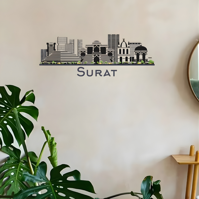 ArcDew: Surat, India City Skyline Wall Art Decal | Heritage Decor for UAE - arcdew.com - ArcDew branded acrylic black Surat city skyline wall decal with green base accents.
