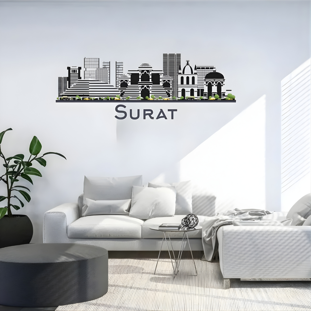 ArcDew: Surat, India City Skyline Wall Art Decal | Heritage Decor for UAE - arcdew.com - ArcDew branded acrylic black Surat city skyline wall decal above white sofa in modern living room.
